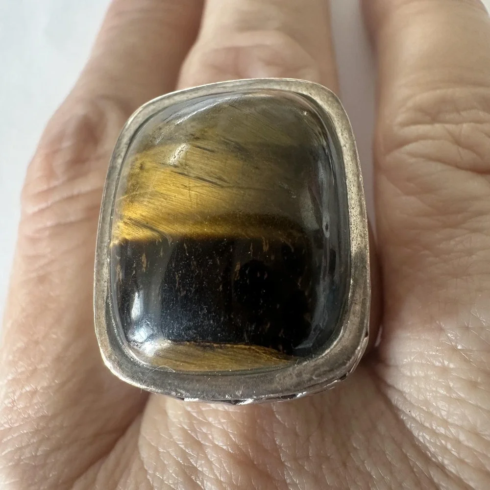 Vintage Barse 925 Sterling Silver Tiger Eye Statement CocktailRing Chunk Sz 8.75